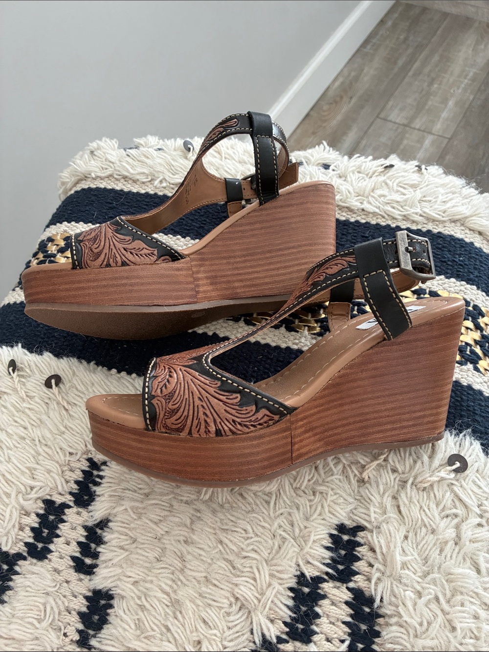 Myra Bag Brown and Black Floral-Embossed Wedge Sandals - Picture 3 of 3